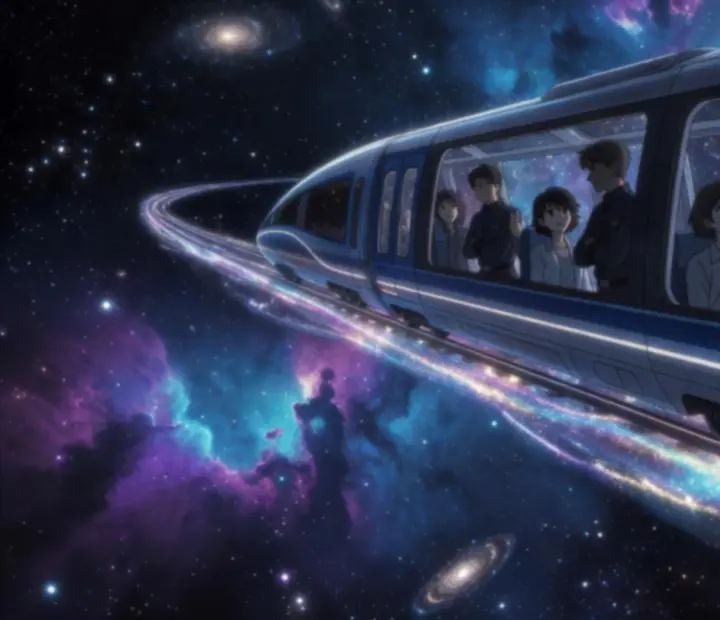 Cinematická scéna Astrálního expresu letícího hvězdnou oblohou
