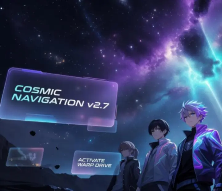 Temný kosmický anime vizuál s futuristickými světelnými efekty