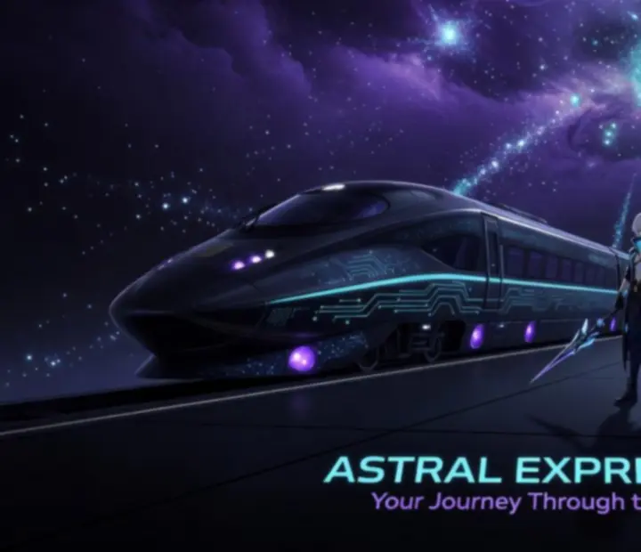 Kosmická scéna z Honkai: Star Rail s Astrálním expresem na pozadí hvězdného nebe.