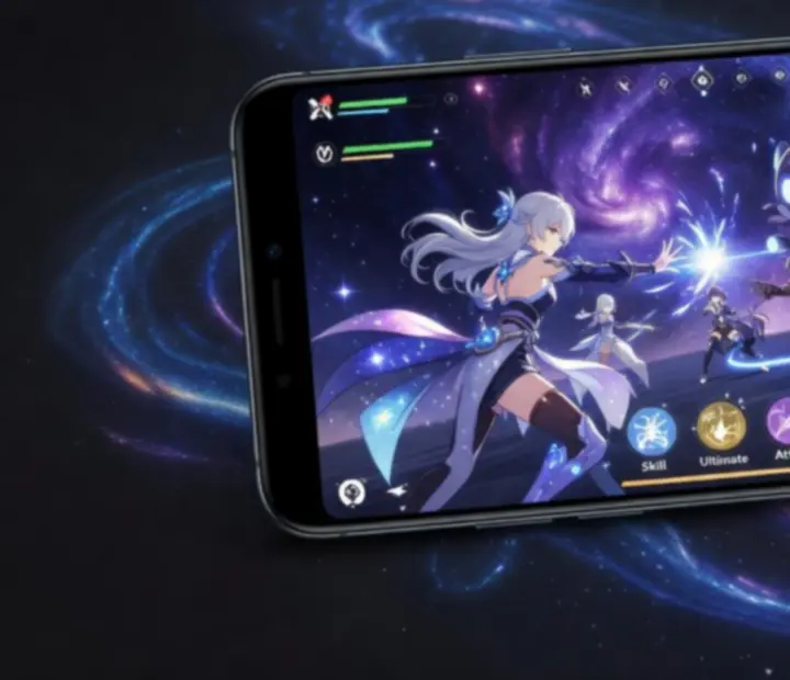 Ukázka mobilního gameplaye Honkai: Star Rail na telefonu se zobrazeným tahovým soubojem.